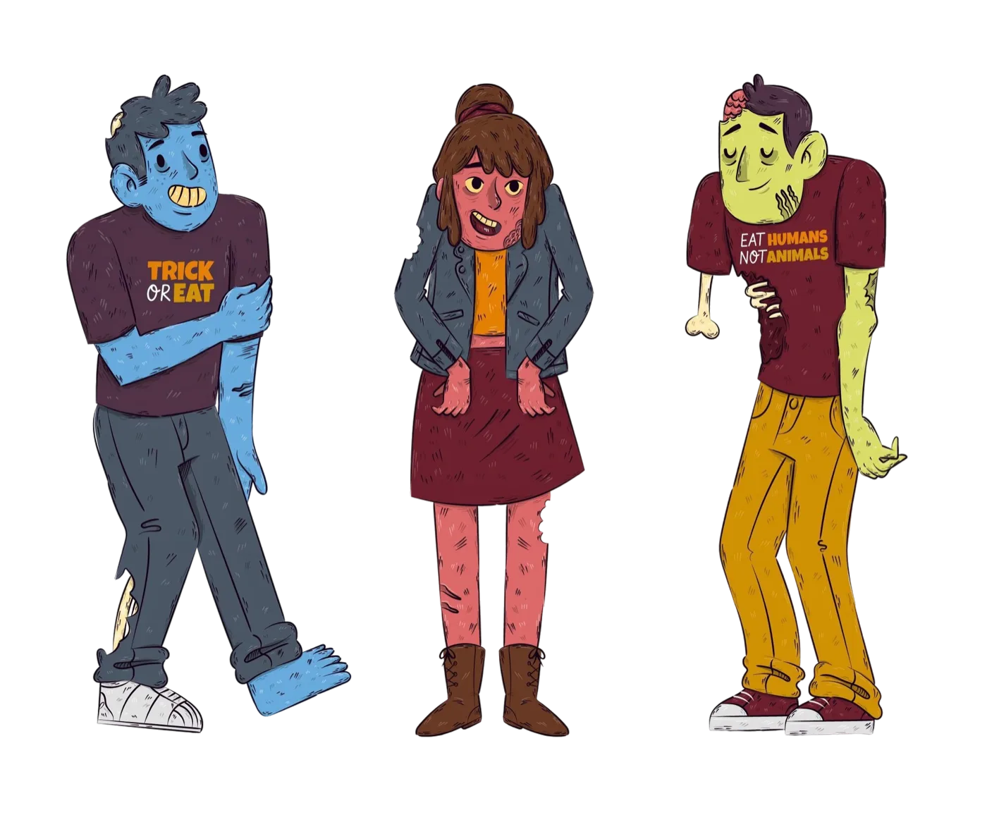 A hand-drawn collection of cheerful cartoon zombies