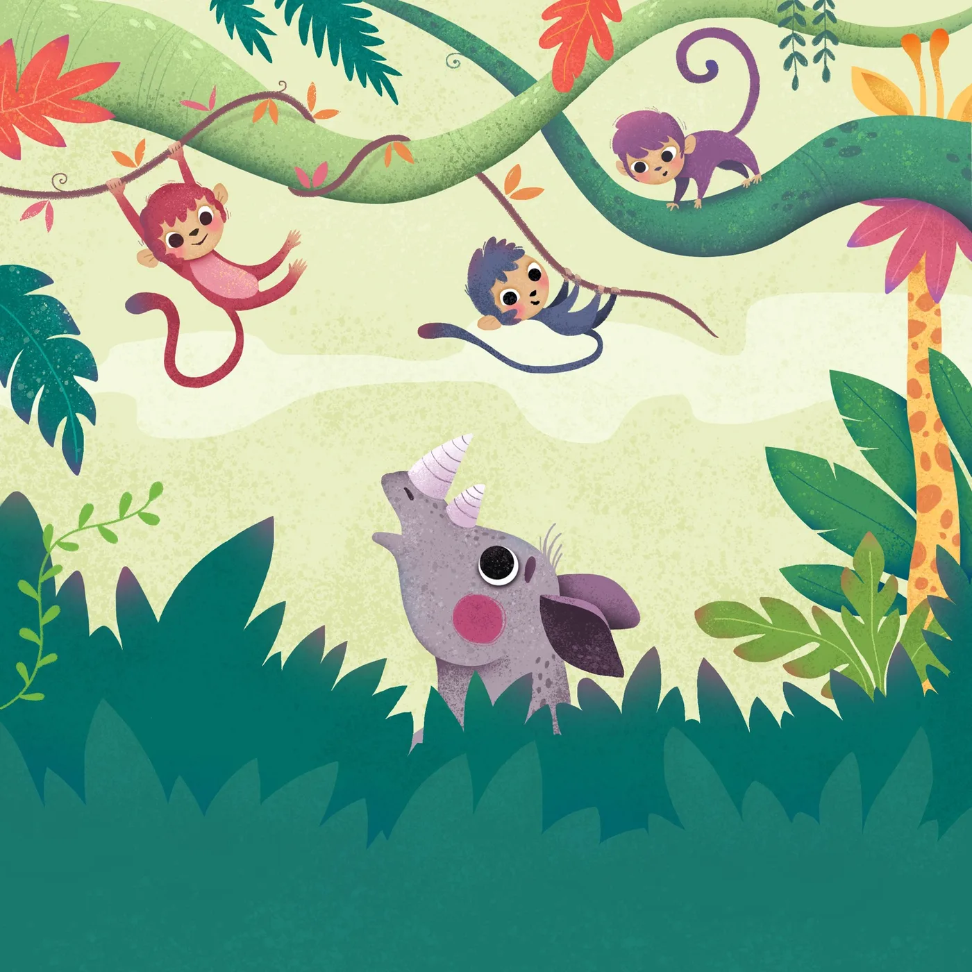 A spread from the children’s picture book with illustrated animal characters and room for the verse
