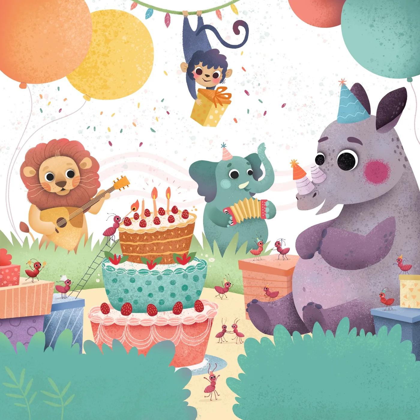 A tender scene from the illustrated children’s book about a rhino and his friends